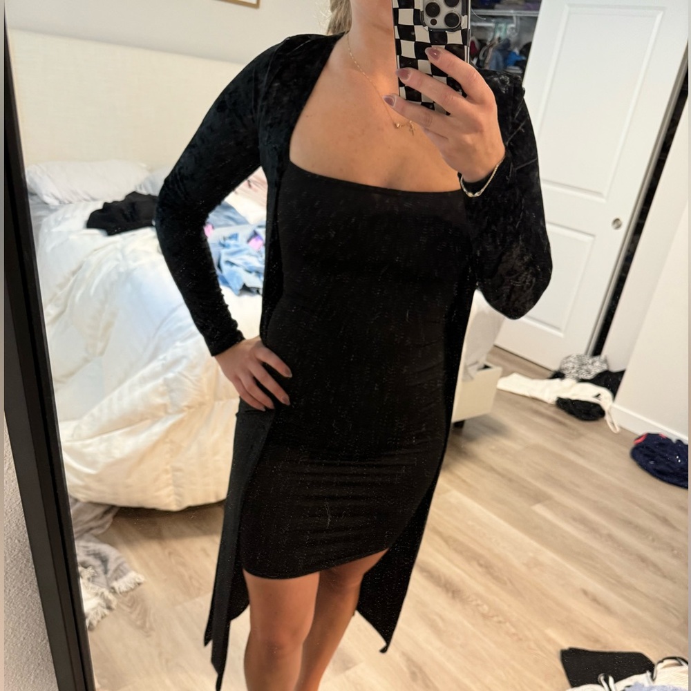 Two piece black  dress with long velvet cardigan